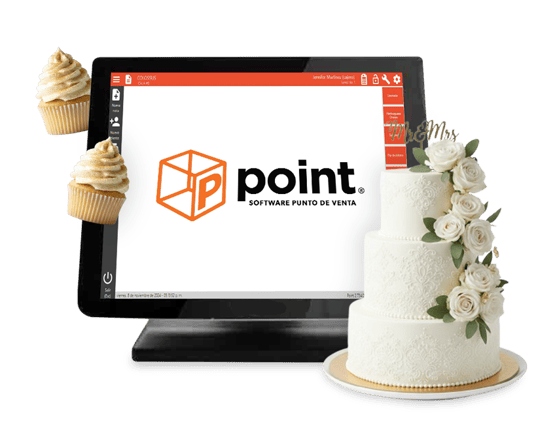 Pantalla-Mostrando-caja-Point-Software-Punto-De-Venta-para-pasteleria-con-pastel-de-bodas-al-lado-y-cupcakes