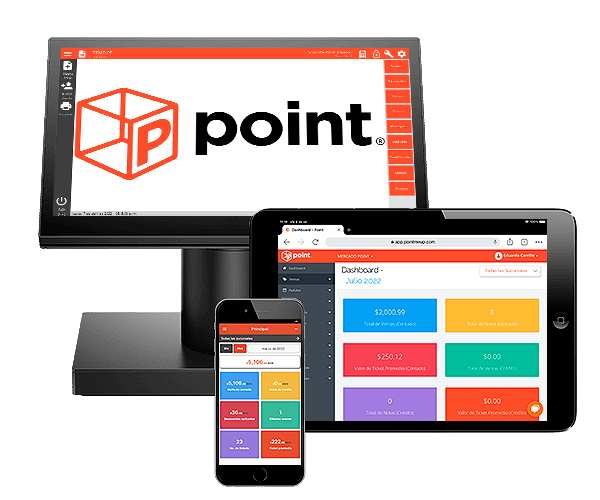 monitor, tableta y teléfono movil mostrando en sus pantallas a point el mejor software punto de venta para cafeteria