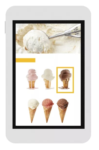 pantalla de tablet mostrando opciones de helados en un menu drive thru de software punto de venta para neveria