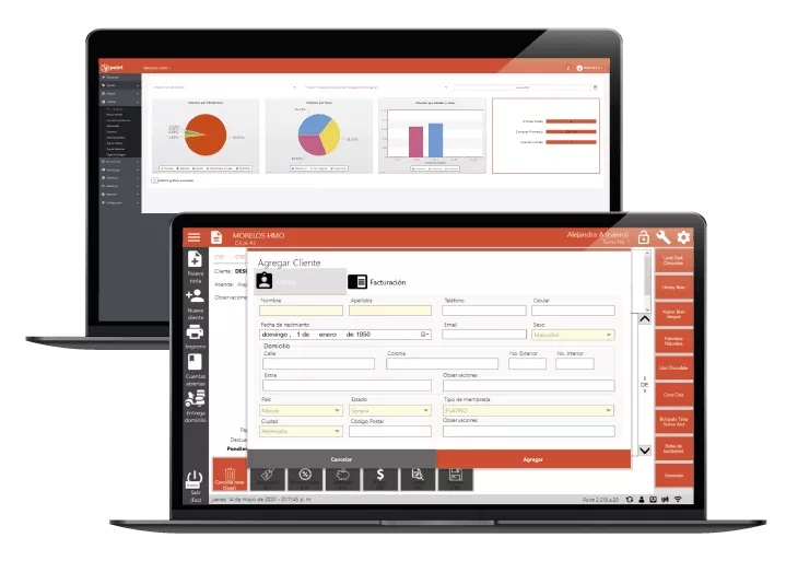 dos laptops mostrando en sus pantallas el mejor software punto de venta para papelerias
